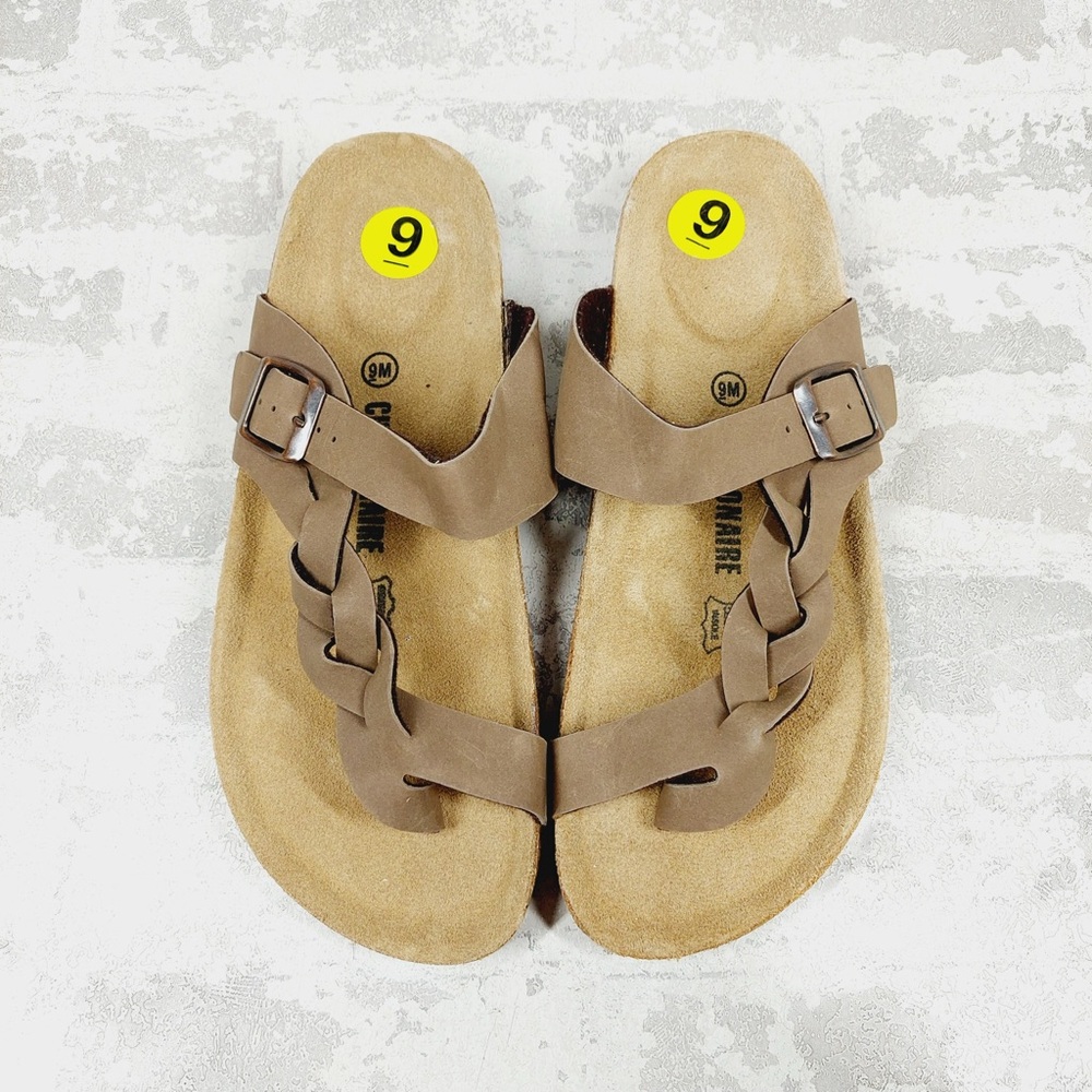 NEW Cushionaire Tan Brown Strappy Buckle Cork Footbed Summer Slide Sandals K28 - Picture 8 of 10